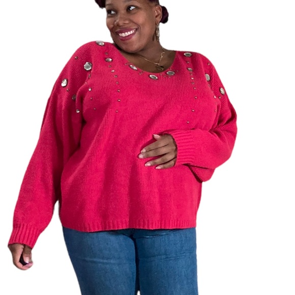 Retro Hot Pink V-neck Sweater - Picture 1 of 6